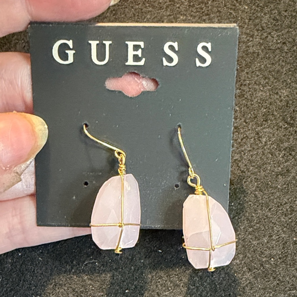 GUESS Gold-Tone Wire Pink Stone Drop Earrings